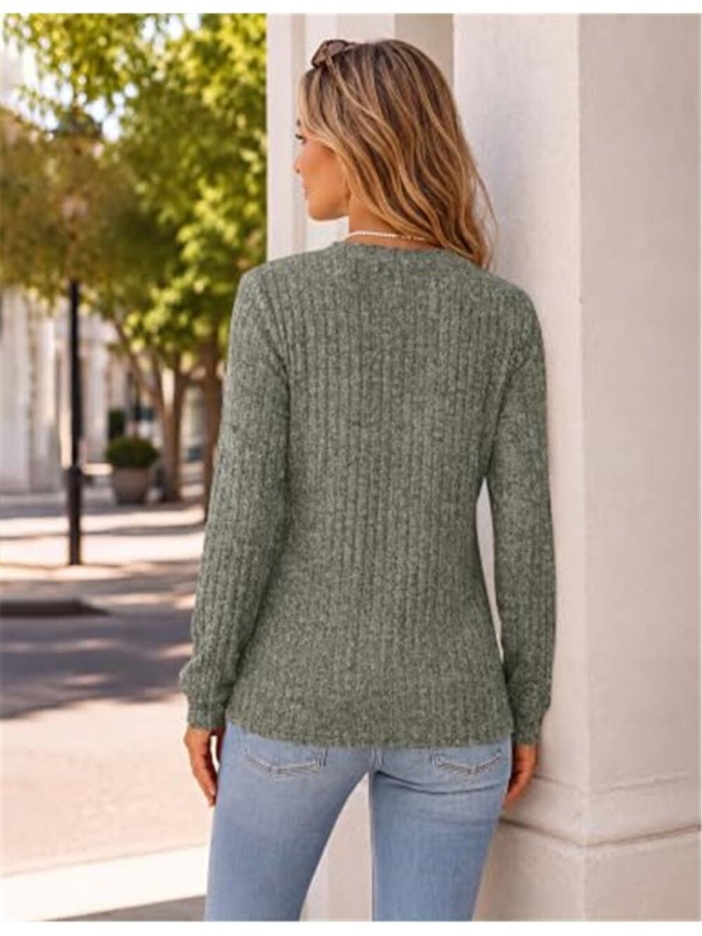 Women's V Neck Ribbed Top Fitted Long Sleeve Casual Fall Shirt - Picture 5 of 6